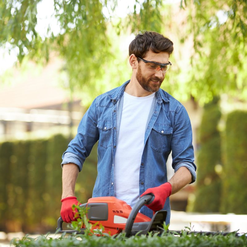 Smiling brunet male gardener cutting overgrown bush by hedge trimmer at sunny day. Front view of hard working man using modern gardening equipment for seasonal work, trimming hedges. Concept of work.
